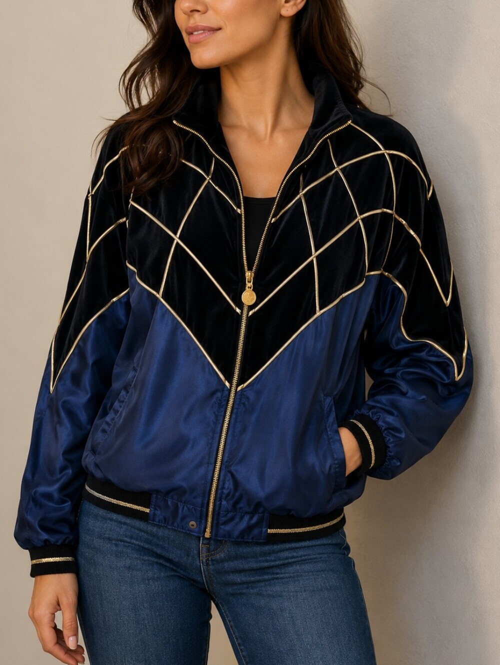 VTG IVANA 1980s Velour Embellished Spider Web Bomber Goth Track Jacket